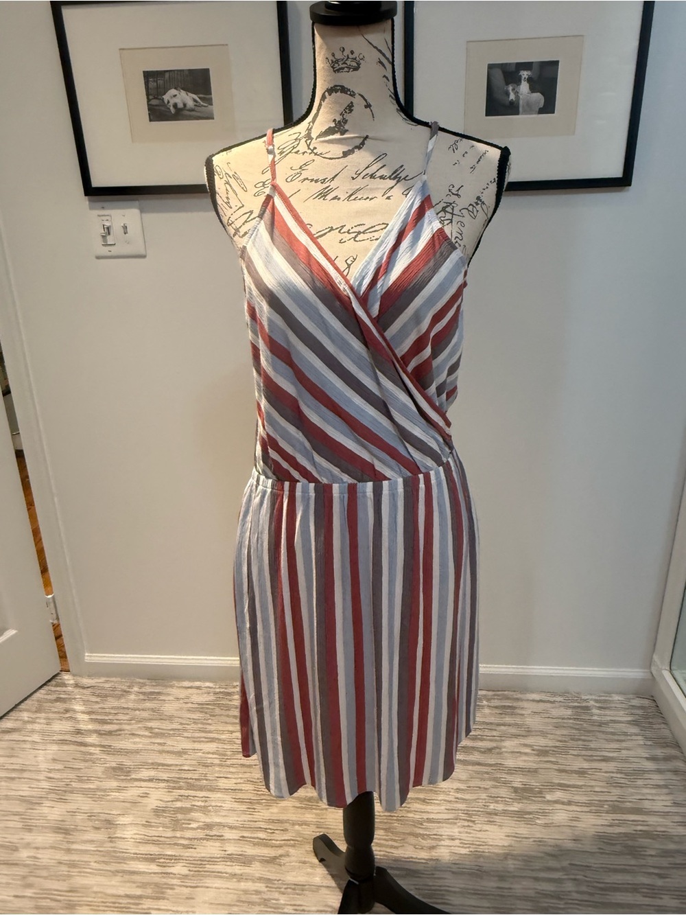 Market & Spruce Red and Gray Striped Sleeveless Wrap Dress